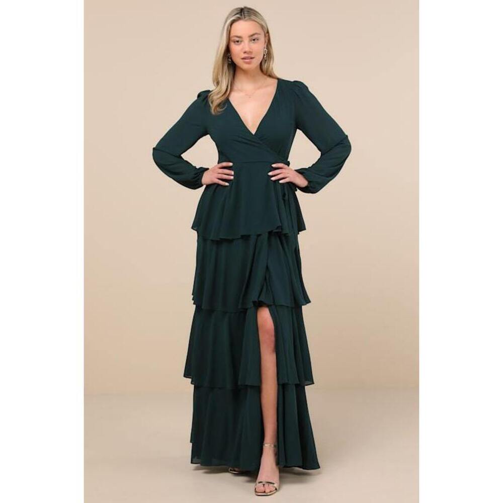 Lulus Marvelous Grace Emerald Long Sleeve Tiered Wrap Maxi Dress Green - Size M